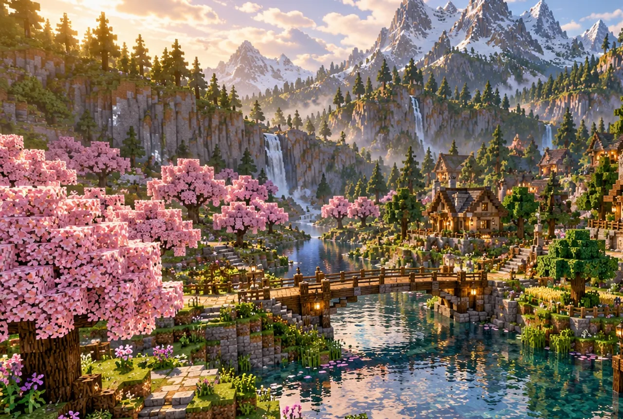 Paisaje ilustrativo de un mundo de bloques