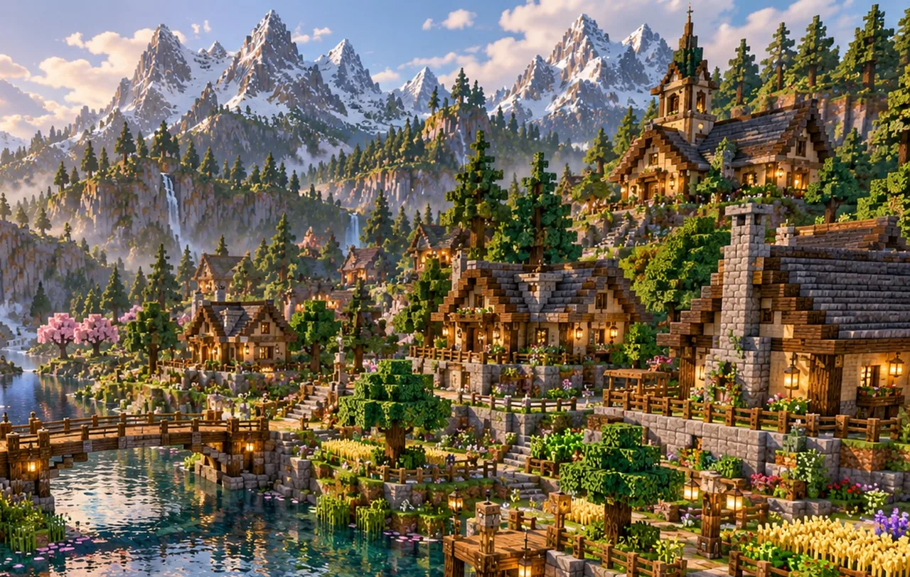 Paisaje ilustrativo de un mundo de bloques